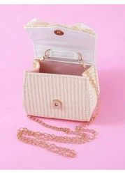 1pc Girls Pearl Decorated Bow Accent Straw PU Material Flap Closure Fashionable Pearl Handle Crossbody Bag Princess Handbag Accessory Suitable For Summer Everyday And Festive Use
