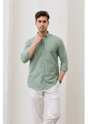 RAVANELLI Sarte - Men's Khaki Slim Fit Slim Fit Button Collar Linen Look 100% Cotton Flared Shirt