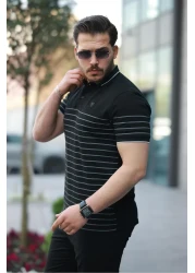 Miron Black Striped Polo Neck Short Sleeve T-Shirt-2515