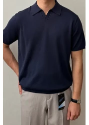 Tarz Cool تي شيرت تريكو رجالي باللون الأزرق الداكن بأكمام قصيرة وياقة بولو