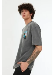  Collection Anthracite Crew Neck Oversize Printed T-Shirt - Short Sleeve, Acid Washed Tmnss22Ts0838
