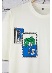  Collection Ecru Oversize/Wide Cut Tropical Printed 100% Cotton T-Shirt Tmnss25Ts00219
