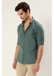  Collection Dark Green Slim Fit Epaulettes Shirt - Long Sleeve, 100% Cotton, Tmnss20Go0189