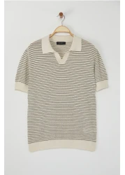  Collection Limited Edition Beige - Khaki Striped Relaxed Short Sleeve Polo Neck Knitwear T-Shirt Tmnss23Po00026