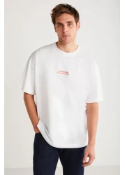 GRIMELANGE Vıto Men's - Embroidery Text Detailed, 100% Organic Cotton, Oversize Short Sleeve White T-Shirt