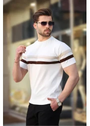 Madmext White Crew Neck Striped Men's T-Shirt E7412