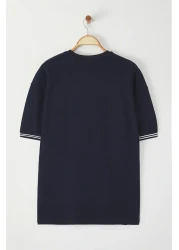  Collection Navy Blue Embroidered Oversize Knitwear T-Shirt - Tape Detail, Textured Tmnss25Ts00019