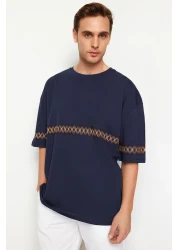  Collection Navy Blue Oversize Embroidered Cotton T-Shirt - TMNSS21TS1889