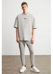 GRIMELANGE Project Men - تي شيرت رمادي كبير الحجم برقبة دائرية 100% قطن عضوي