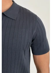 Tarz Cool Men's Matte Smoked Slim Fit Ribbed Polo Neck Knitwear T-Shirt