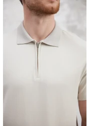  Collection Stone Regular/Normal Cut Zippered 100% Cotton Polo Neck T-Shirt