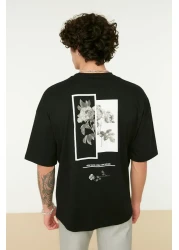  Collection Black Oversize/Wide Cut Crew Neck Back Printed 100% Cotton Short Sleeve T-Shirt Tmnss21Ts1223