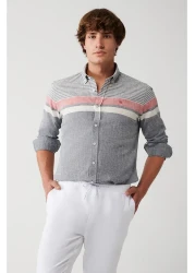 Avva Men's Navy Blue Cotton Linen Blended Striped Shirt A31Y2264