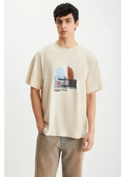 GRIMELANGE Lexoro Men's 100% Cotton Crew Neck Printed Beige T-Shirt