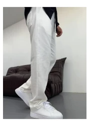 Oliggopol بنطال كتان أبيض بخصر مطاطي وفضفاض للرجال