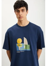 GRIMELANGE RAMADANP007 Men's 100% Cotton Crew Neck Printed Navy Blue T-Shirt