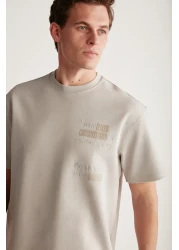 GRIMELANGE Cody Men's - Gray Organic Cotton T-Shirt, Embroidery and Printed, Thick Fabric Regular Fit