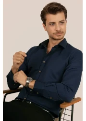 Etikmen قميص رجالي - أزرق داكن، Slimfit، أزرار بنية، صندوق هدايا