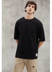 GRIMELANGE Joel Men's 100% Organic Cotton Thick Fabric Oversize Black T-Shirt with Special Textured Label Detail