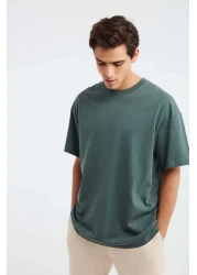 GRIMELANGE Jett Men's Oversize Fit 100% Organic Cotton Thick Textured Crew Neck Dark Green T-Shirt