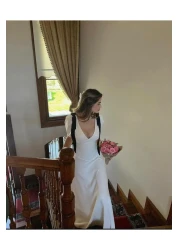 FMN Moda V-Neck Wide-Sleeved Skirt - Bow and Stitching Detail