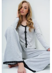 Trend Alaçatı Stili Grimelanj Wide Collar Scallop Detailed Bow Embroidered Blouse and Palazzo Pants Pajamas Suit Alc-X14066