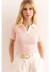 Olalook Women's Salmon White Polo Neck Color Detailed Stretchy Cotton Blouse Blz-19002920