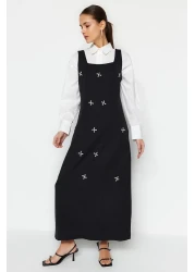  Modest Black Jewelled Embroidery Detailed Square Collar Woven Gilet Dress TCTSS23EB00157