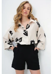 Trend Alaçatı Stili Women's Black-Beige Double Cuffed Leaf Patterned Woven Shirt Alc-X13785