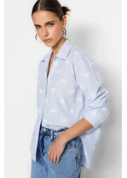  Collection Cotton Oversize Floral Patterned Blue Striped Shirt - TWOSS23GO00373