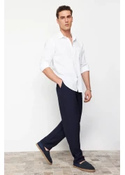 Trendyol Collection بنطال بخصر مطاطي من الكتان باللون الأزرق الداكن - TMNSS20PL0547