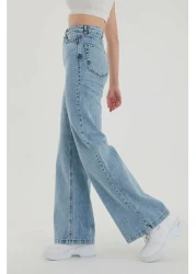 lamelif Super High Waist Lycra Dessin Light Blue Jeans - Palazzo Loose Leg