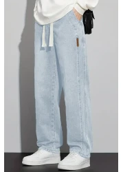 THE RULE الرجال الضوء الأزرق فضفاض الخصر مطاطا ليكرا مستقيم الساق فضفاضة تناسب بسط جان الدينيم الجينز السراويل Rf0484