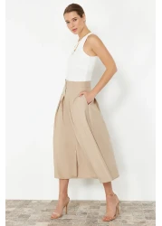  Collection Beige Midi Skirt - Pleat Detailed and Buttoned Front, Woven TWOSS24ET00169