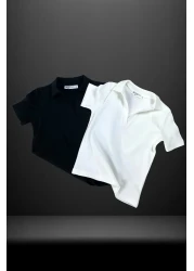 Mood Lab Women's Polo Neck Ribbed Camisole Short Sleeve T-Shirt