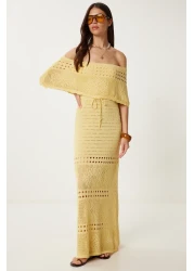 Lovelyİstanbul Carmen Collar Openwork Summer Knitwear Dress Yellow Lki̇0031