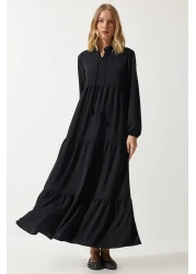 Happiness İstanbul Women's Black V-Neck Long Ayrobin Dress DD01315