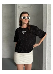 MODA T-Shirt Blouse Stoned Black Short Sleeve