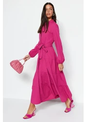  Modest Dark Pink Belted Chief Collar Button Detail Woven Dress TCTSS21EL3343