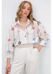 Trend Alaçatı Stili Women's Beige-Lilac Princess Floral Print Flamed Linen Woven Shirt Alc-X10398