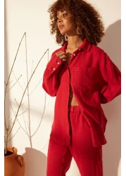  Collection Red 100% Linen Oversize Shirt TWOSS23GO00443