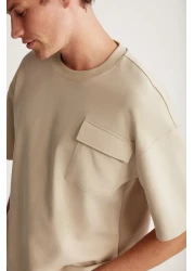 GRIMELANGE Artur Men's Thick Special Textured Fabric Beige T-shirt with Pockets