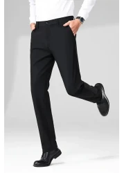 MY WEST بنطلون رجالي من القماش الأسود المستقيم عالي الجودة من قماش الليكرا المرن بطول الكاحل