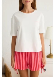  Collection White-Pink 100% Cotton Striped Lacing Detail Shorts Knitted Pajamas Set Thmss25Pt00145