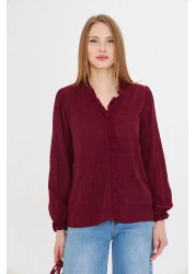 armonika Women's Burgundy Long Sleeve Blouse with Ruffle Detail on the Collar and Elastic Sleeves Arm-25K 001030