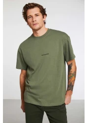 GRIMELANGE River Men's - Embroidery Detailed Oversize Khaki T-Shirt 100% Organic Cotton