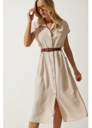 Happiness İstanbul Women's Cream Belted Woven Dress MX00155