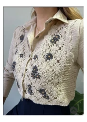 jöns since 1997 Women's Front Guipure Vest Design Stone Linen Shirt