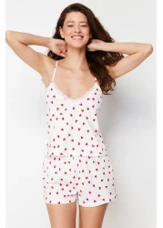  Collection White 100% Cotton Heart Lace String Straps Knitted Pajama Set with Shorts THMSS24PT00106