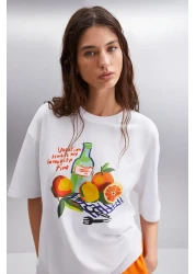 GRIMELANGE Nıtza Women - 100% Cotton Oversize White T-shirt, Crew Neck